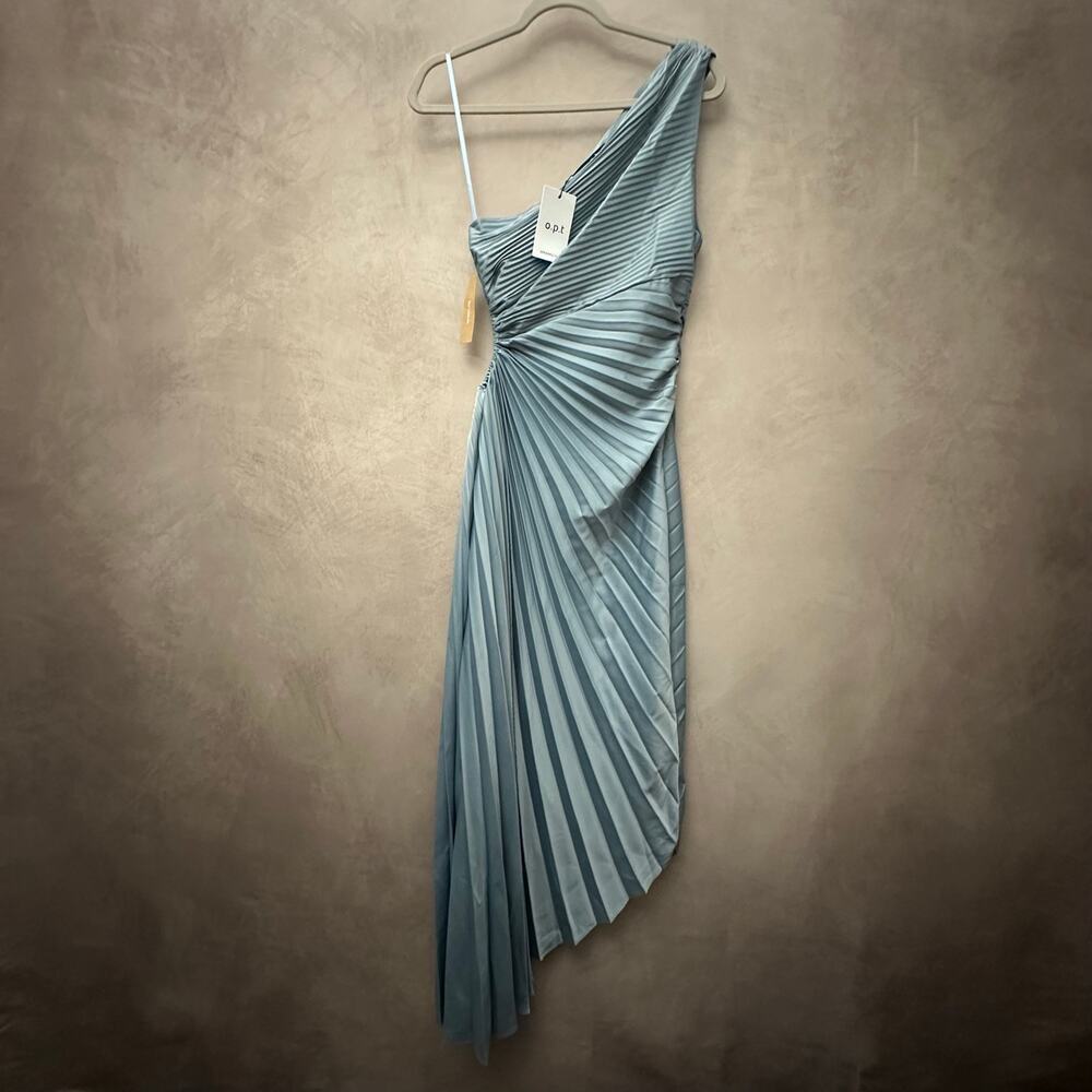 Few Moda Perko Dress Blue Pleated Side Cutout One Shoulder Asymmetrical Maxi M